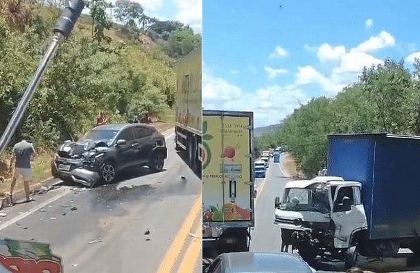 Caminhão e carros batem na BR-101 em Fundão